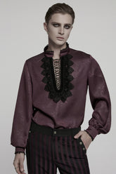 Red Stand Collar Long Sleeves Ruffle Embroidery Lace-Up Plunging Rose Men's Gothic Blouse